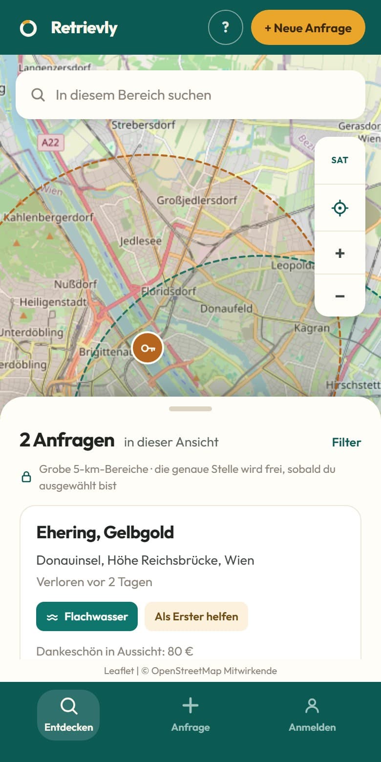 Die Retrievly-Karte: zwei offene Anfragen in Wien, jede als gestrichelter 5-Kilometer-Kreis statt als genauer Punkt.
