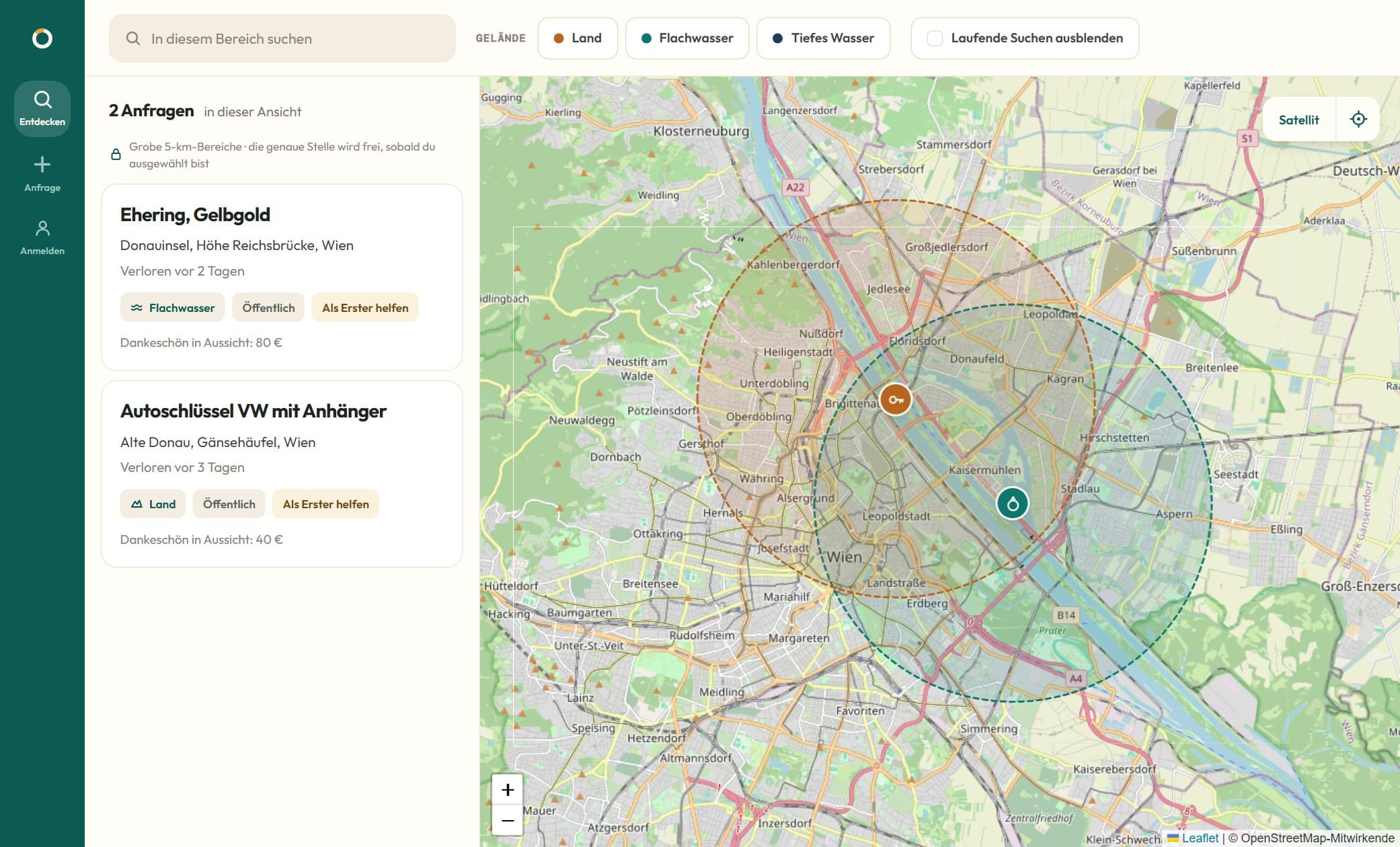Die Retrievly-Karte: zwei offene Anfragen in Wien, jede als gestrichelter 5-Kilometer-Kreis statt als genauer Punkt.
