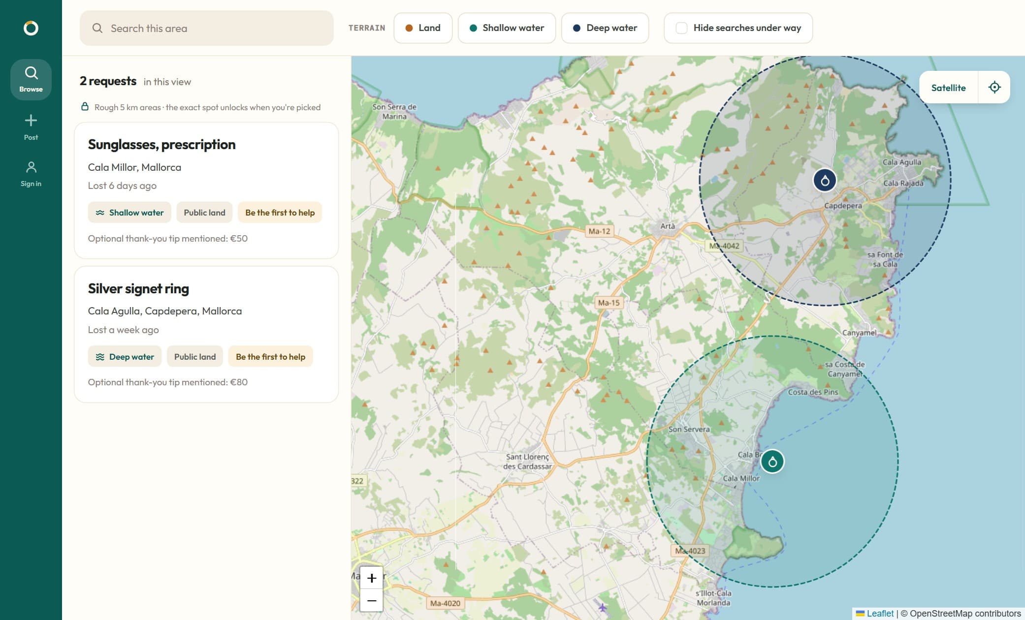 El mapa de Retrievly: dos solicitudes abiertas en Viena, cada una dibujada como un círculo discontinuo de cinco kilómetros en vez de un punto exacto.